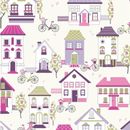 Home Sweet Home Grape 100% Cotton Lifestyle Fabric; Houses, Bicycles & Trees