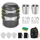 Camping Cookware Mess Kit, Cooking Gear for Outdoor, QUPZZE Cooking Equipment with Aluminum Pot and Pan Set, Stainless Steel Cup, Foldable Camping Pots for Hiking, Picnic, Campfire