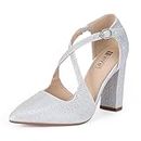 IDIFU Women's Pumps Silver Heels Closed Toe Chunky Block High Heels Strappy Pointed Toe Dress Shoes for Women Prom Wedding Party Office Work Formal(Silver Glitter, 8.5 M US)