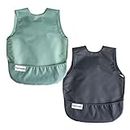 Tiny Twinkle Mess-Proof Apron Toddler Bibs w/Tug-Proof Closure, Baby Food Bibs, 2 Pack (Sage Charcoal, Small 6-24 Months)
