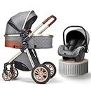 Premium 3-In-1 Baby Stroller Car Seat Travel System Set, Convert To Newborn Bassinet Pram, Folding Infant Carriage for Toddler, Does Not Include Car Seat Base,Grey