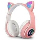 Sendowtek Wireless Headphones for Kids Adults Over Ear Cute Cat Ear Earphone with Flashing Lights Foldable Headphone Built-in Mic Cute Bluetooth Headphones for Kids Girls Boys (Pink)