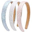 LONEEDY 3 Pack Glitter Sequins Sparkly Hard Headbands for Kids Wide Padded Hair Bands Fashion Cute Daily Accessories for Girls and Women (pink + sky blue + white)