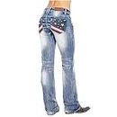 QJBMEI American Flag Mid Rise Bootcut Jeans for Women,Dark Blue,XL
