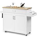 Giantex Kitchen Island, Rolling Kitchen Cart with Spice and Towel Rack, Large Drawer & 2-Door Storage Cabinet, Home Service Cart on Lockable Wheels, Wood Kitchen Trolley, Spacious Tabletop (White)