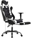 High Back Gaming Chair Ergonomic Racing Style Gaming Chair with Footrest, Headrest and Lumbar Support Height Adjustable PU Leather Office Chair for Adults (White)