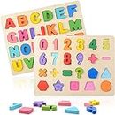 Holzpuzzle Spielzeug, 2 Stück Bunt Alphabet ABC Buchstaben Zahlen Gestalten Klobige Holz Puzzle Blöcke, Learning Brettspiel Lernspielzeug Geschenk für Kleinkinder und Vorschulkinder