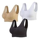 Lemef 3-Pack Seamless Sports Bra Wirefree Yoga Bra with Removable Pads for Women (Large, Black&White&Nude)