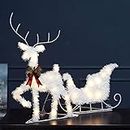 Yenisai Iron Art Reindeer & Sleigh Christmas Light Up Deer con Luces LED Decoración de Cuerdas Franela Blanca Decoraciones navideñas Ciervo Blanco cálido para césped, hogar y jardín