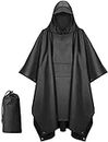 MINYII Hooded Rain Poncho for Adult with Pocket, Waterproof Lightweight Unisex Raincoat for Hiking Camping Emergency (black01)