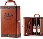 Wine Gift Box with 4 Wine Accessories Set,Portable Two Bottle Wine Carrier Case for Wedding, Anniversary, Party,Travel,Vintage Leather Wine Storage Box for Home Bar Decor and Wine Collection