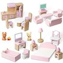25Pcs Wooden Dollhouse Furniture Set,5 Room Kit Pretend Play Doll House Furniture,Dolls House Accessories with Kitchen,Dining Room,Living Room,Bedroom,Bathroom for Children Kids Girls Playhouse Toy