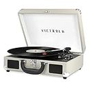Victrola Vintage 3-Speed Bluetooth Portable Suitcase Record Player with Built-in Speakers | Upgraded Turntable Audio Sound| Includes Extra Stylus | Light Grey