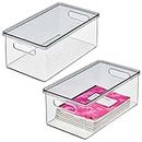 mDesign Storage Box Set of 2 - Desk Organizer with Sturdy Plastic Lid - Rectangular Office Supplies Box - Clear/Light Gray