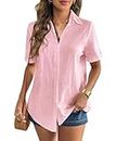 Zeagoo Short Sleeve Blouses Button-Down Shirts Womens Button Up Collared Linen Cotton Business Tops Soft Pink