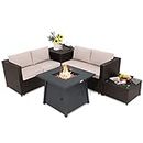 Tangkula 5 Piece Patio Furniture Set with 50,000 BTU Propane Fire Pit Table, Outdoor Wicker Conversation Set w/Cushions, Storage Box and Tempered Glass Coffee Table, 30” Gas Fire Pit Table (Beige)