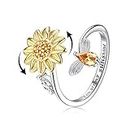 Diamday Sterling Silver Fidget Anxiety Ring for Women Sunflower Spinner Ring Open Adjustable Fidget Rings for Anxiety Relieving Stress CZ Flower Moon Star Stackable Rings Fidget Jewelry Women