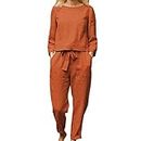 Solid Two Piece Outfits Women 2023 Summer Cotton Linen Sets Lightweight Lounge Tops and Lacing Up Pants Tracksuit