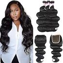 UNice Hair Icenu Series Brazilian Body Wave 3 Bundles with Free Part Lace Closure Virgin Human Hair Wefts 100% Unprocessed Human Hair Extensions Natural Black Color (16 18 20+14Closure)