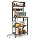 GOFLAME Kitchen Bakers Rack with Power Outlet, 60” Tall Microwave Stand with Open Shelves & 10 Hanging Hooks, Multifunctional Coffee Bar Station for Kitchen, Dining Room, Living Room, Rustic Brown