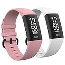 2 Pack Waterproof Bands Compatible with Fitbit charge 3 / Fitbit charge 4 / Fitbit Charge 3 SE, Classic Soft Sports Replacement Wristbands for Women Men (Large 7.1''-8.7'', white/Pink)