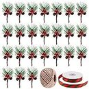 KUUQA 24 Pcs Small Artificial Pine Picks with Red Berries for Christmas Ornaments Wreath Decoration, Christmas Ribbon and Hemp Rope for Gift Bags Box Decorations，DIY Crafts Supplies