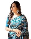 Jaanvi fashion Damen Banarasi Seide mit Zari Jacquard Arbeit Saree mit ungesäumtem Blusenteil, blaugrün, One size