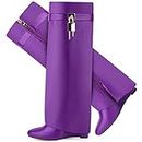 CDHYX Fold Over Boots for Women Pointy Pull-on Wedge Heel Knee Shark Boot With Side Zipper Padlock Design, Purple, 7.5