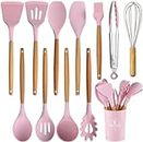 SKYTONE Silicone Kitchen Spatula and Utensils Spoon Set 12-Piece Silicone Kitchen Cooking Utensils Set, Non-Stick Utensils Set Heat Resistant Easy Clean, BPA Free Tools (Pink, 12)