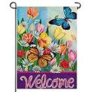 Artofy Welcome Spring Butterflies Flowers Home Decorative Garden Flag, House Yard Floral Tulips Daisies Leaves Plant Outside Decor, Summer Vintage Farmhouse Outdoor Small Decoration Double Sided 12x18