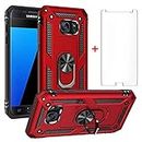 Phone Case for Samsung Galaxy S7 with Tempered Glass Screen Protector Stand Ring Holder Shockproof Silicone Heavy Duty Accessories Magnetic Metal Hard Kickstand galaxys7cases Cover cases Girls Red