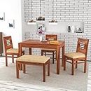 FURNESHO Solid Sheesham Wood Dining Room Sets 4 Seater Dining Table with 3 Chairs & 1 Bench for Dining Room, Living Room, Kitchen, Hotel, Restaurant, Cafeteria (Standard, Honey Finish) (Honey Finish)