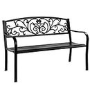 Giantex 50" Patio Garden Bench, Loveseats Park Yard Furniture, Black Steel Cast Iron Frame Chair, Metal Bench Outdoor with Floral Scroll Pattern