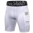 White Mens Compression Shorts with Cup Cool Dry Gym Running Shorts Workout Leggings Shorts Sports Spandex Underwear