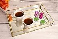 Ruhi Collections Pure Brass With Gold Plating Rectangular Glass Tray With Rim And Mirror Base Vanity (10 X 6 Inches)