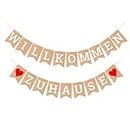 Amosfun Welcome Home Banner German Letter WILLKOMMEN ZUHAUSE Rustic Bunting Garland Family Gathering Photo Booth Props