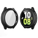 Langboom Black Hard Case Compatible with Samsung Galaxy Watch 5 Galaxy Watch 4 44mm with Screen Protector, HD Tempered Glass Screen Protector Cover Overall Protective Cover, 2 Pack
