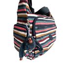 Kipling bag. Multi-coloured striped crossbody bag. With monkey & pockets.