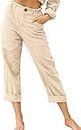 Aricy Capri Pants for Women Casual Summer 2024 Plus Size Elastic High Waist Linen Pant Straight Wide Leg Cropped Comfy Trouser Boho Beach Pants with Pockets