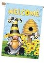 Spring Garden Flag for Outdoor 28x40 inch Double Sided Gnome Greetings with Playful Bees Large Polyester Seasonal Flags for Patio Yard Decor