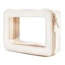 Aveniee Large Makeup Bag Cosmetic bags, Travel Toiletry Bag for Women, Clear Make up Bag Case, Chic Makeup Pouch with Transparent Vinyl Windows & Gold Zippers(White)
