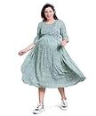 MAMMA'S MATERNITY Knee Length Tea Green Printed Rayon Maternity/Feeding/Nursing Short Dress (Tea Green_Large)