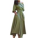 LFEOOST Womens One Shoulder Cocktail Dress Puff Sleeve Tie Belt A Line Party Dress Elegant Wedding Guest Dresses with Pockets, A#01_green, Large