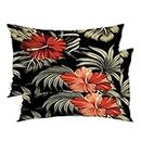 BaoNews Red Luxurious Tropical Plants Throw Pillow Covers,Green Elegant Hibiscus Floral Cushion Cover Digital Blended Hidden Zipper Decorative Pillowcases for Bedroom Lumbar 20X26 in 2 Pcs