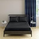 Pro Linen Basic 1Cm Satin Stripe Pure Cotton 210Tc, 3Pc Bedding Set, Queen Regular Size 275x225 Cm, Black, (1 Bed Sheet + 2 Pillow Covers)