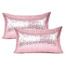 YOUR SMILE Pack of 2, New Luxury Series Pink Decorative Glitzy Sequin & Comfy Satin Solid Throw Pillow Cover Cushion Case for Wedding/Party,12" x 20"