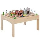 Teamson Kids Train Table Set with 85 Pieces, Preschool Play Lab Activity Table with Wooden Trains, Cars, Railroad, Town Scenery, & More for Kids & Toddlers, Wood Color