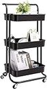 House of Quirk 3 Tier Storage Trolley Metal Utility Trolley Storage Trolley, Multi-Purpose Trolley Organizer cart with Wheels for Office, Kitchen Bathroom Bedroom - Black