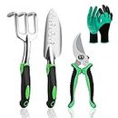 HASTHIP® 4Pcs Garden Tools for Home Gardening Stainless Steel Heavy Duty Tools, Gardening Transplanting Spade, Cultivator, Pruner and Gardening Gloves, Farming Tools Garden Tool Sets
