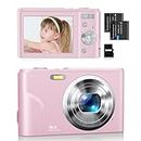 Digital Camera FHD 1080P 48MP Kids Camera with 32GB Memory Card, 16X Zoom, Anti Shake, Portable Camera for Boys Girls, Pink